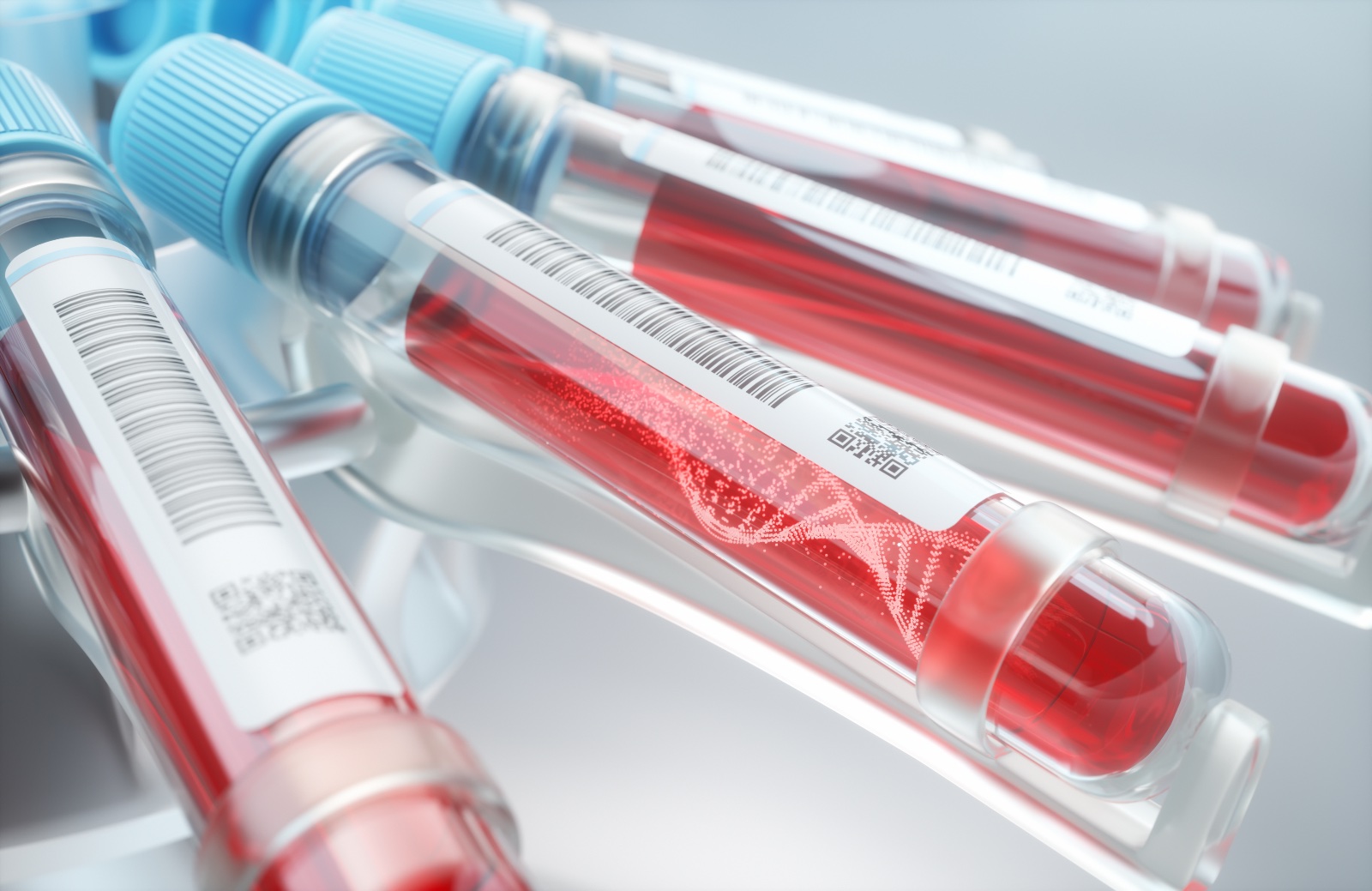 Blood cells, molecule of DNA forming inside the test tube. 3D illustration, conceptual image of science and technology.